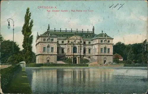 Ansichtskarte Dresden Palais im Großen Garten mit Teich 1907