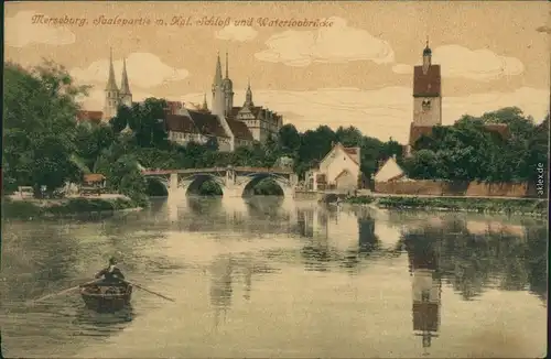 Ansichtskarte Merseburg Saalepartie mit Kgl. Schloss und Waterloobrücke 1911
