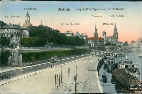 Ansichtskarte Innere Altstadt-Dresden Dampfschiff - Landungsplatz 1910 