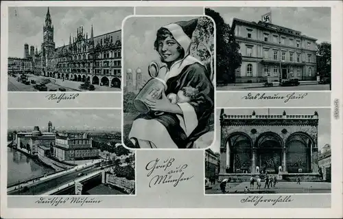 Ansichtskarte München Rathaus, braune Haus, Feldherrnhalle, Brücke 1942