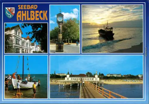 Ansichtskarte Ahlbeck (Usedom) Strand, Boot, Seebrücke, Uhr 2005