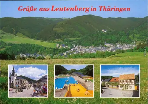 Ansichtskarte Leutenberg Panorama, Rathaus, Freibad, Straße 1999