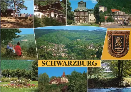 Schwarzburg Panorama, Aussicht, Kirche, Park, Fluss, Straße 1995