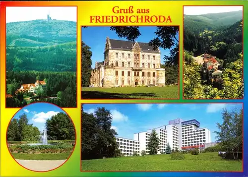 Friedrichroda Panorama vom Spießberghaus zum Inselberg, Schloß Reinhardsbrunn, Kühles Tal, Springbrunnen im Kurpark, Berghotel 1995