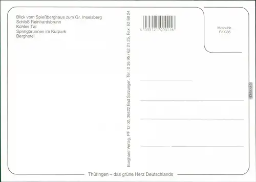 Friedrichroda Panorama vom Spießberghaus zum Inselberg, Schloß Reinhardsbrunn, Kühles Tal, Springbrunnen im Kurpark, Berghotel 1995