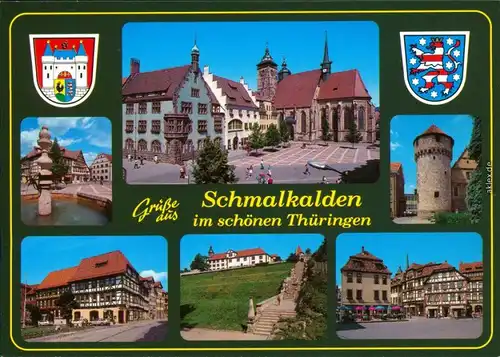 Ansichtskarte Schmalkalden Brunnen, Stadtkirche, Turm, Lutherhaus, Markt 1995