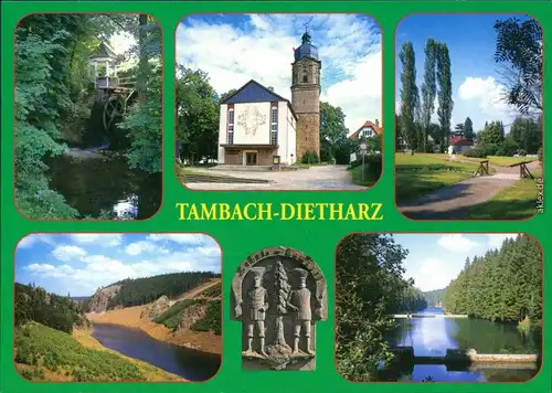 Ansichtskarte Tambach-Dietharz Mühle, Kirche, Holzbrücke, Fluss 1995