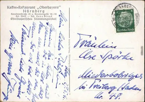 Ansichtskarte Nürnberg Kaffee - Restaurant Oberbayer 1942