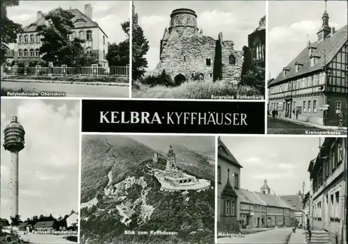 Kelbra (Kyffhäuser) POS, Burgruine Rothenburg, Kreissparkasse, Fernsehturm, Kaiser-Friedrich-Wilhelm/Barbarossa-Denkmal - Luftbild, Marktstraße 1978
