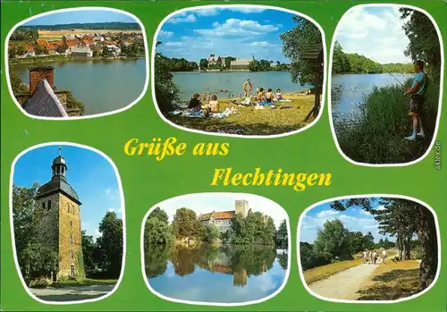 Flechtingen-Börde-Hakel Panorama, See mit Badegästen, Angler, Turm, Schloss 1993