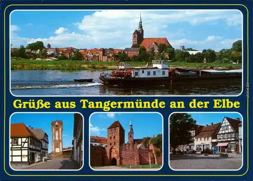 Ansichtskarte Tangermünde Kirche, Elbe, Schlepper, Turm, Tor, Markt 1997