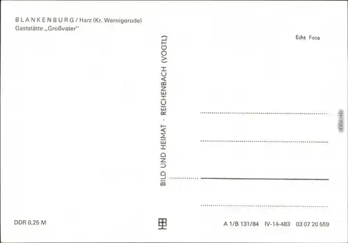 Ansichtskarte Blankenburg (Harz) Gaststätte "Großvater" 1984