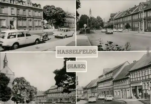 Ansichtskarte Hasselfelde Straße, Kirche, Geschäfte 1976