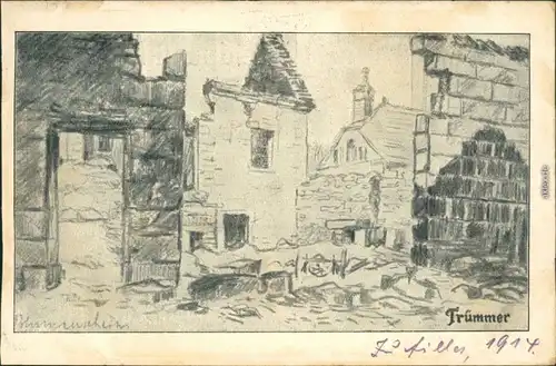  Militär/Propaganda 1.WK (Erster Weltkrieg) - Trümmer - Zeichnung 1914