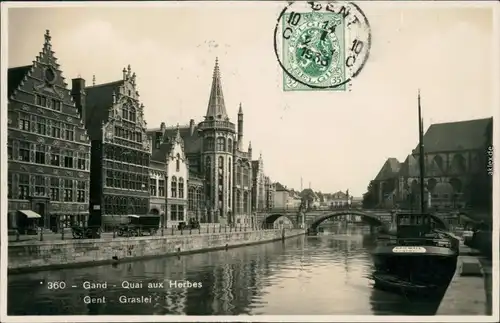 Gent Ghent (Gand) Kanal mit Booten und Booten - Fachwerkhäuser am Kanal 1933