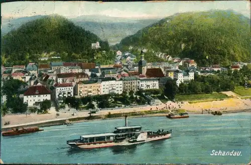 Ansichtskarte Bad Schandau Blick auf den Ort, Elbdampfer 1920