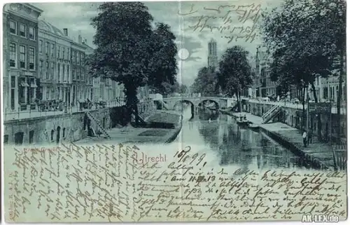 Utrecht Mondschein Litho Oude Gracht gel.1899