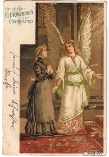 Glückwunsch zur Konfirmation 1911 Präge-Ansichtskarte Engel Goldrand