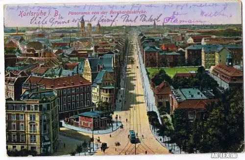 Karlsruhe Panorama von der Bernharduskirche gel. 1915