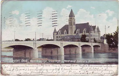 Postcard Dayton (Ohio) Main St Bridge, Steel High School