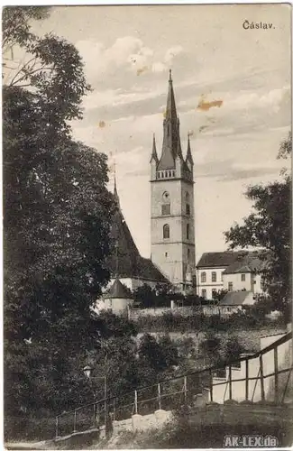Tschaslau Panorama mit Kirche gel. 1911