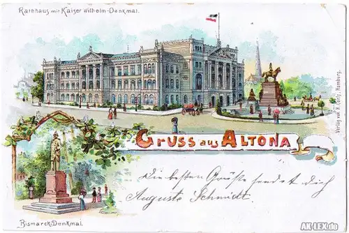 0 Litho Rathaus mit Kaiser Wilhelm Denkmal gel. 1899