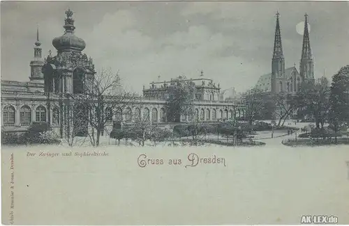 Dresden Mondschein Litho Zwinger und Sophienkirche ca 1899