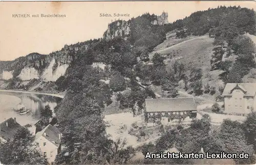 Ansichtskarte Rathen mit Basteifelsen Häuser und Dampfer 1913