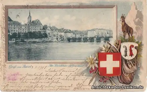 Basel Heraldik Präge AK - Alte Rheinbrücke mit Großbasel