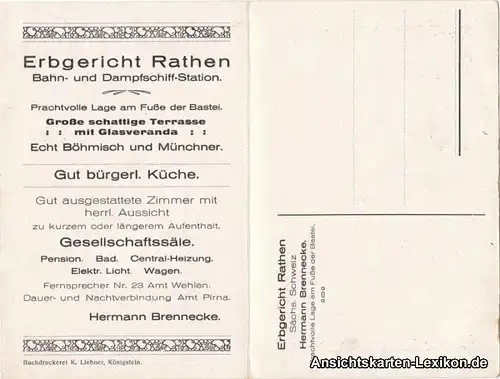 Rathen Klapp-Ansichtskarte Erbgericht und Wanderkarte