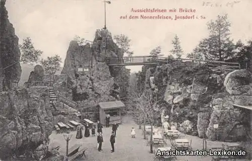 Ansichtskarte Jonsdorf Aussichtsfelsen mit Brücke auf dem Nonnenfelsen 1908