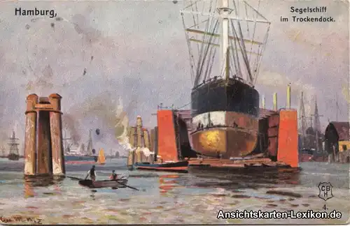 Hamburg Segelschiff im Trockendock - Künstler AK
