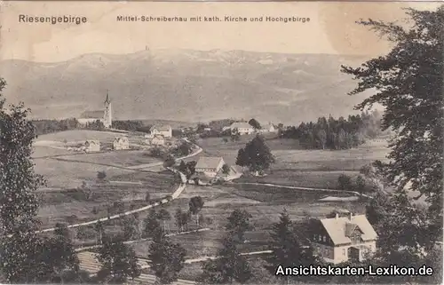 Schreiberhau mit katholischer Kirche und Hochgebirge