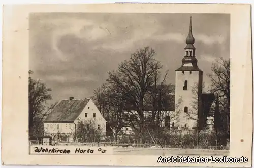 Horka (Oberlausitz) Partie an der Wehrkirche - Foto AK