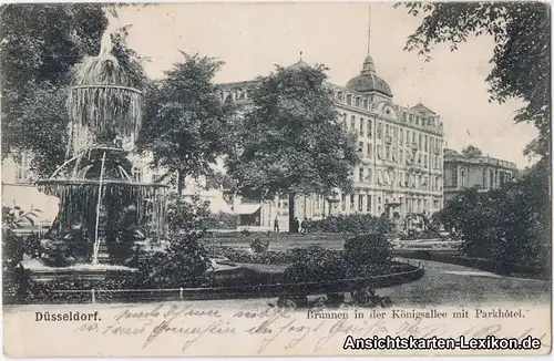 Ansichtskarte Düsseldorf Brunnen in der Königsallee mit Parkhotel 1904