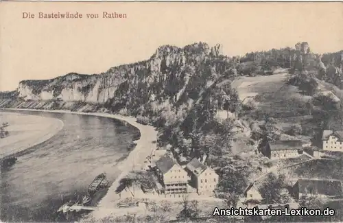 Ansichtskarte Rathen Die Basteiwände von Rathen Anleger und Wohnhäuser 1920