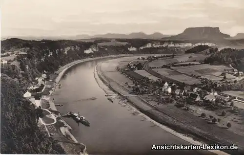 Blick von der Bastei auf Rathen, Elbtal und Lilienstein, Fähre Dampfer 1932