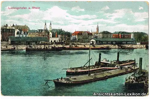 Ludwigshafen Panorama mit Hafen und Dampfern