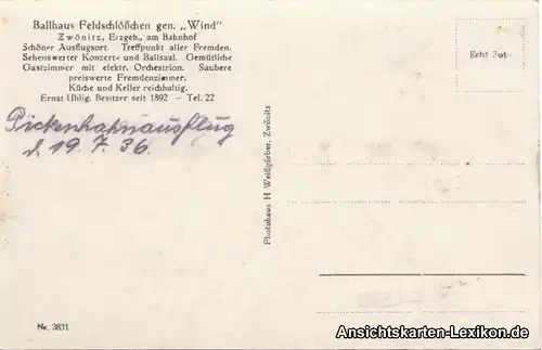 Zwönitz Ballhaus Feldschlößchen Ansichtskarte Erzgebirge b Geyer Chemnitz 1936