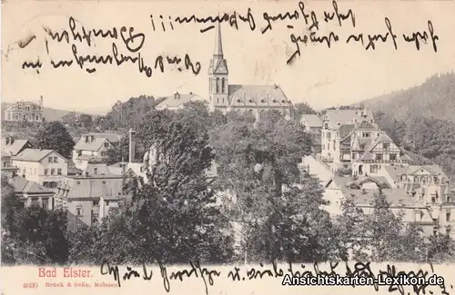 Ansichtskarte Bad Elster Totale, Straßenblick und Kirche 1909 