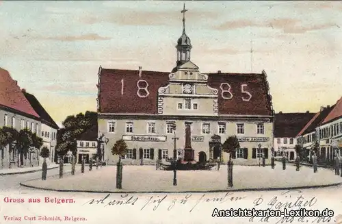 Belgern Marktplatz mit Sparkasse, Rathaus und Kriegerden