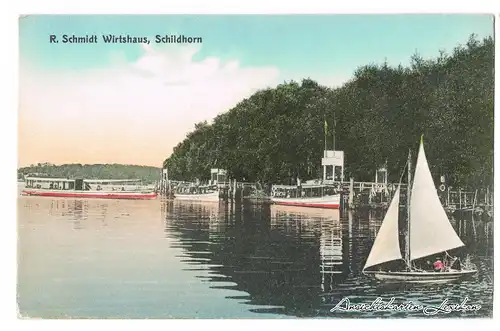 Berlin-Grunewald Wirtshaus R. Schmidt - am See mit Anlegestelle, Fähre und Segelboot