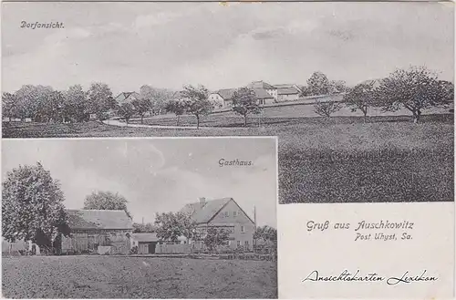 Auschkowitz Burkau (Oberlausitz) 2 Bild Panorama und Gasthof ANsichtskarte c1918