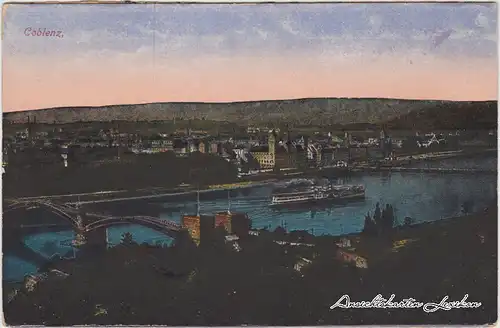 Koblenz Panorama mit Brücke Ansichtskarte 1922