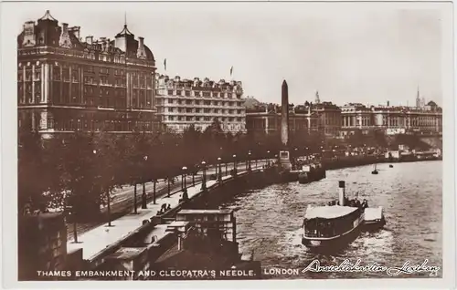 London Thames Embankment and Cleopatra  Needle Vintage Postcard 1933