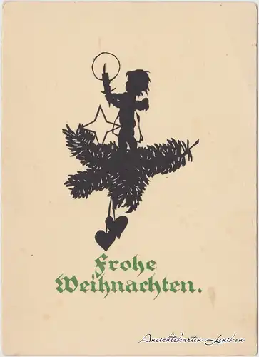  Frohe Weihnachten, Engel auf Zweig Scherenschnitt Ansichtskarte c1930