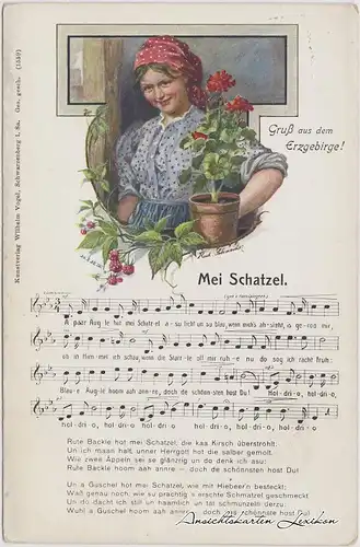 Mei Schatzel Liedkarte Vogel Schwarzenberg Erzgebirge 1909