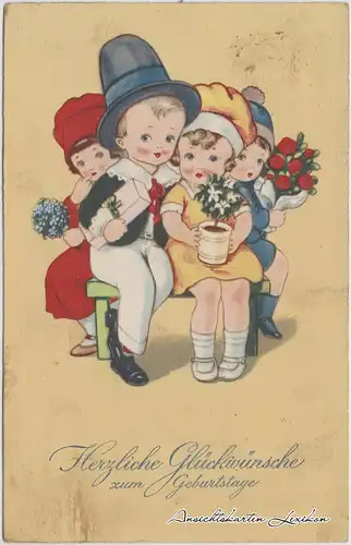 Geburtstag Künstlerkarte mit 4 Kindern Ansichtskarte 1926