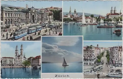 Zürich 5 Bild: Züricher See, Panorama und Straßen Mehrbild Ansichtskarte 1964