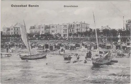 Bansin Strandleben, Promenade mit Hotels - Boote